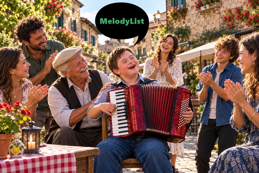 A young boy with Down syndrome playing the accordion in a garden while people around him clap and dance, cinematic 3D scene with a glowing MelodyList.com logo.