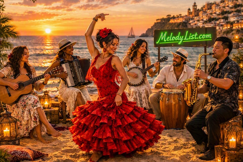 Modern flamenco performance on a Mediterranean beach at sunset, featuring two dancers in red dresses and musicians playing guitar, accordion, banjo, conga drums, and saxophone. The glowing green MelodyList.com sign illuminates the scene as waves shimmer under the golden sky.