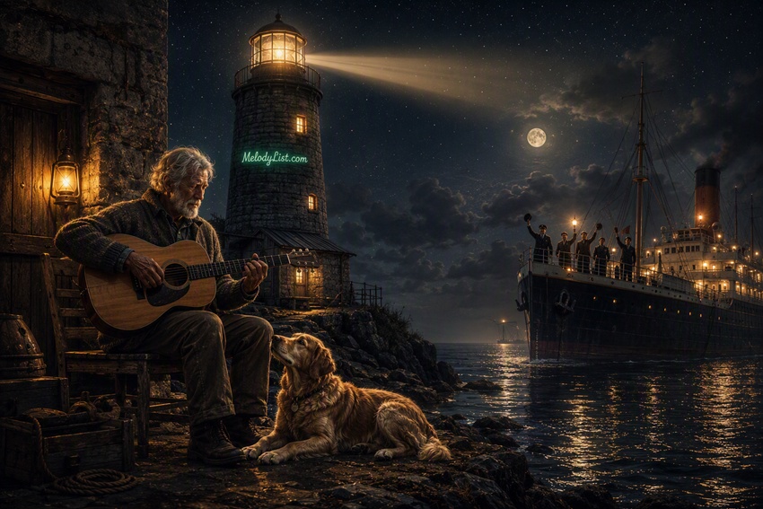 An elderly lighthouse keeper plays the guitar atop the cliffs at night, greeting the captain and crew of an anchored passenger ship. His loyal dog lies beside him, while the lighthouse beam spreads across the misty sea. The MelodyList.com logo glows in green light on the lighthouse. A nostalgic, emotional, cinematic 3D scene.