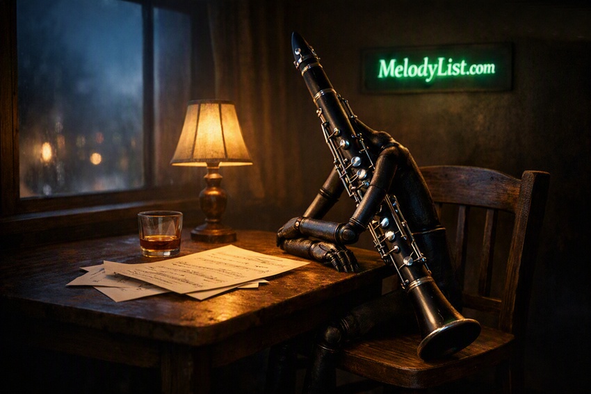 Lonely clarinet at a dim wooden table with sheet music, amber drink, and softly glowing MelodyList.com logo in green.