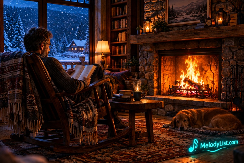 A man listening to music and reading a book by the burning fireplace. Melodylist image.