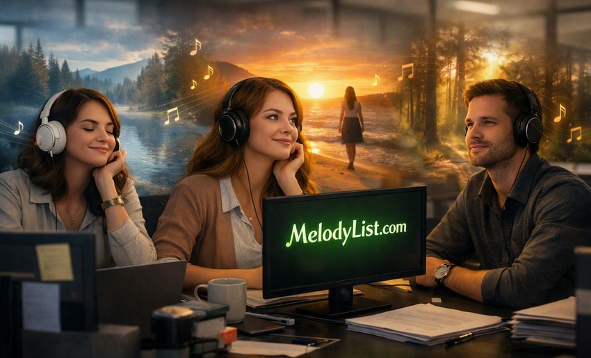 Office employees listening to music with dreamlike lake, seaside, and forest scenes blending into a realistic workspace, MelodyList.com logo glowing on screen.