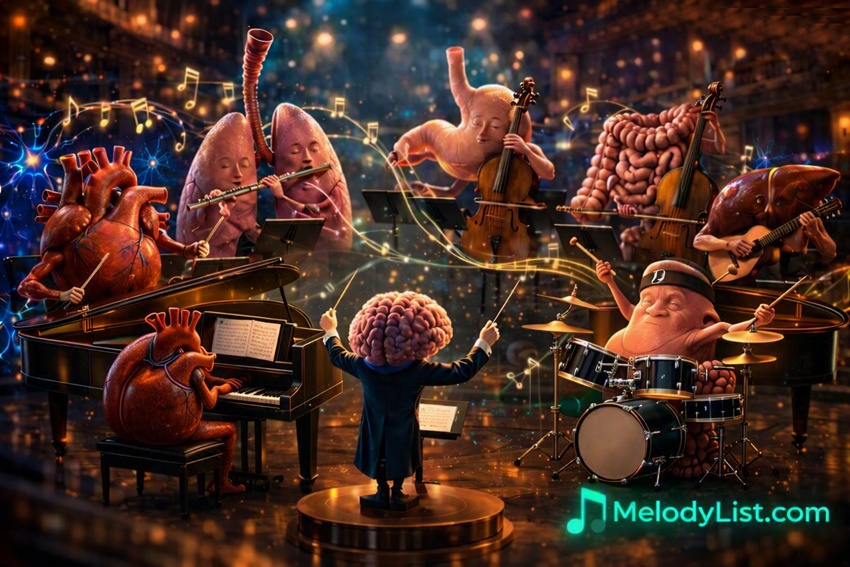 The Symphony Within Us, a cinematic 3D human orchestra where the brain conducts the heart, lungs, stomach, intestines, liver and kidneys as musical instruments, with MelodyList.com logo