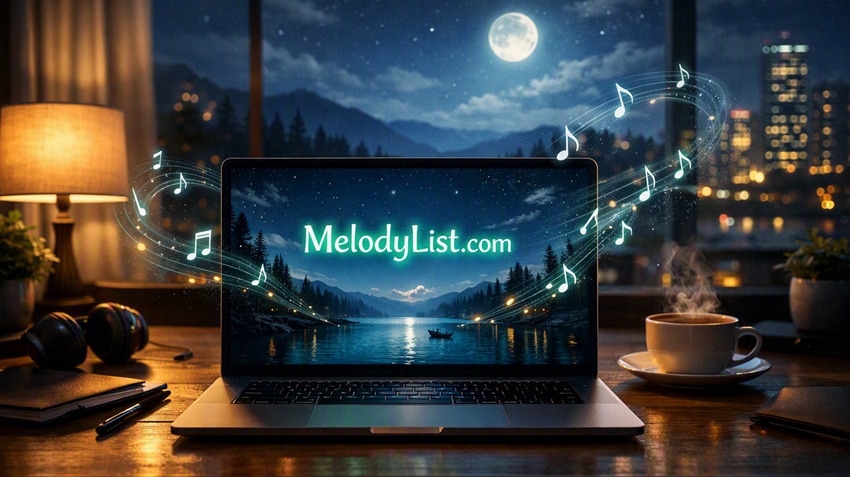 Photorealistic 3D cinematic laptop scene showing “MelodyList.com” glowing turquoise on screen with peaceful moonlit lake and floating musical notes in a cozy night room.