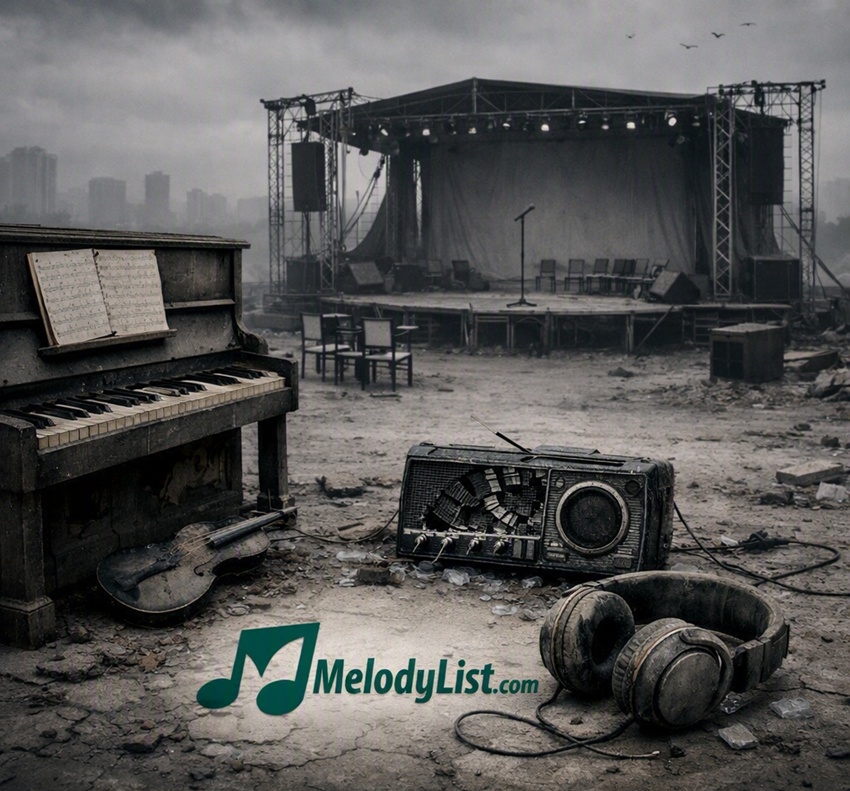 A broken radio and emerald green MelodyList.com logo in a silent, gray landscape symbolizing a world without music