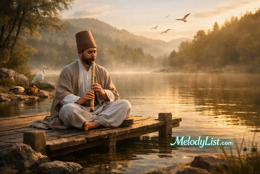 Sufi musician playing a ney flute on a wooden pier by a calm misty lake at sunrise, with birds and the glowing emerald green MelodyList.com logo.