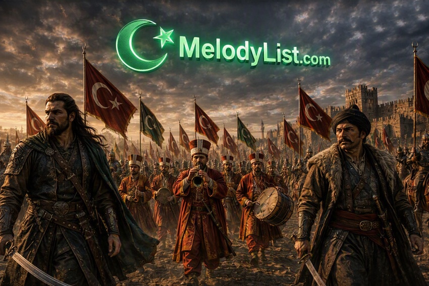 Cinematic 3D Ottoman army march at sunset with MelodyList.com logo glowing in green above the fortress