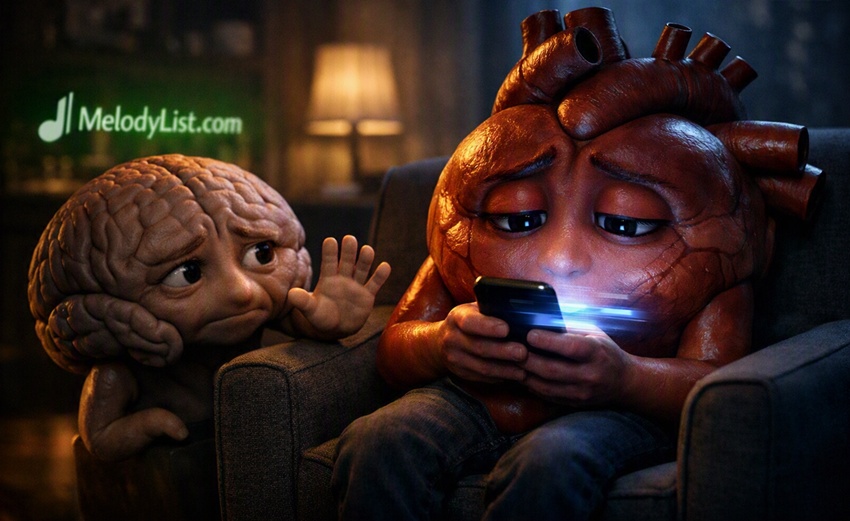 Heart scrolling endlessly on smartphone, Brain reaching out with concern, glowing green MelodyList.com logo in background.