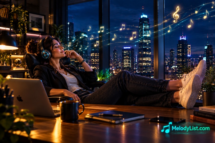 Woman listening to music in a peaceful office at night, positive thinking and MelodyList.com