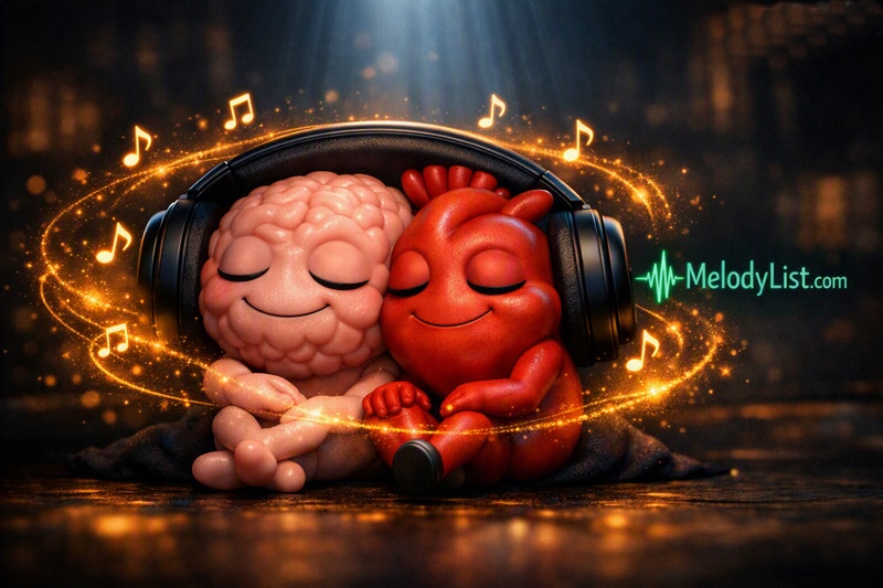 A 3D cinematic scene showing a friendly human brain and heart sitting together under shared headphones, surrounded by glowing musical notes and light waves, with the emerald green MelodyList.com logo shining on the right. melodylist radio, melodylist