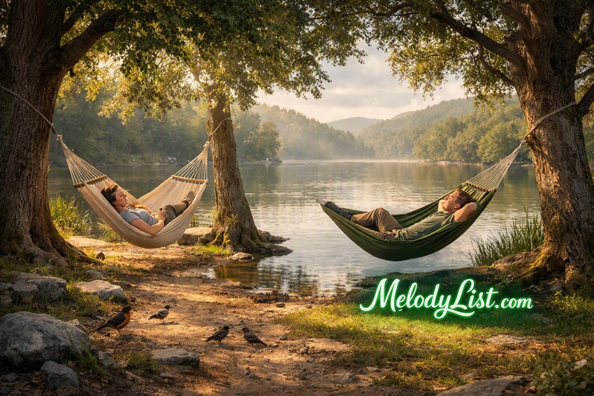 Ultra‑realistic 3D cinematic lakeside scene with two hammocks under large trees beside a calm lake. A woman and a man rest peacefully in separate hammocks surrounded by birds, lush greenery, and soft daylight. The MelodyList.com logo glows elegantly in green, adding a serene touch to the tranquil deep‑sleep atmosphere
