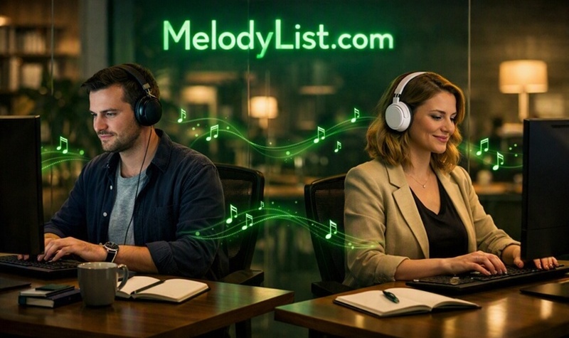 Two professionals working in a modern office with glowing emerald green MelodyList.com logo on the glass wall; both wearing headphones, listening to music while typing on computers, surrounded by subtle green musical notes and sound waves in a cinematic atmosphere.