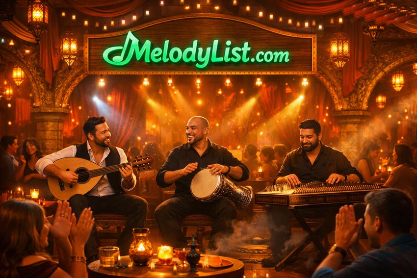 A lively Middle Eastern taverna scene featuring musicians playing oud, darbuka, and qanun under a glowing emerald green MelodyList.com sign, surrounded by warm lantern light and cheering guests.