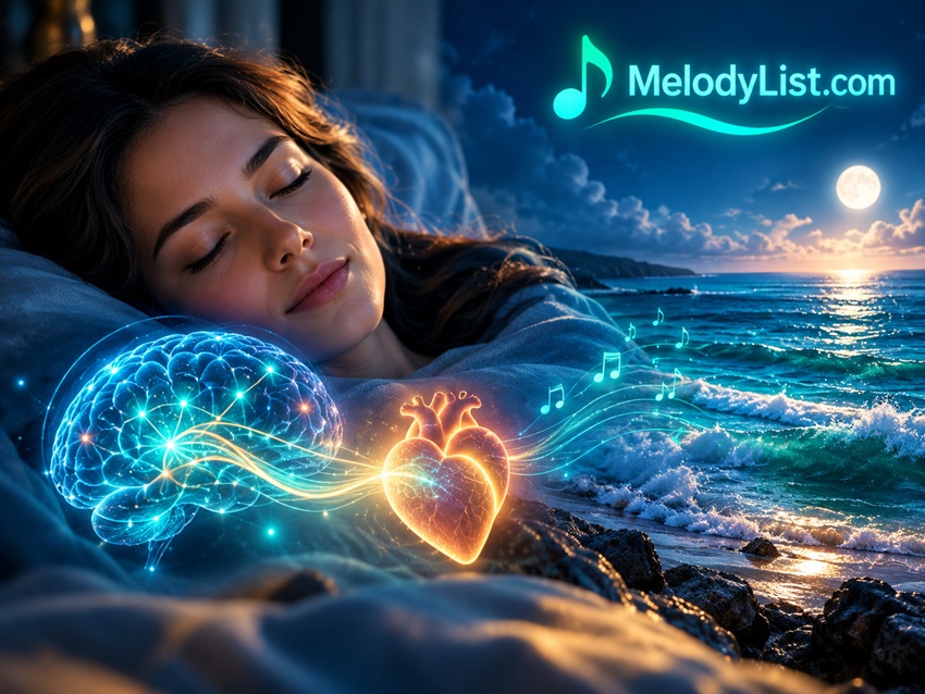 Peaceful sleep with ocean waves, glowing brain and heart, MelodyList.com