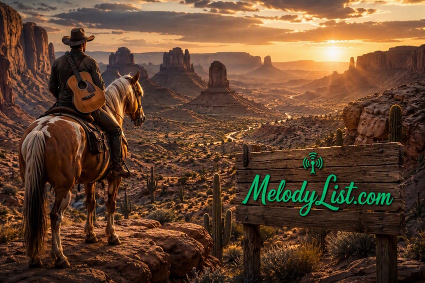 MelodyList.com logo on a wooden sign overlooking a breathtaking Wild West canyon landscape at sunset, with a horseback guitarist in the foreground
