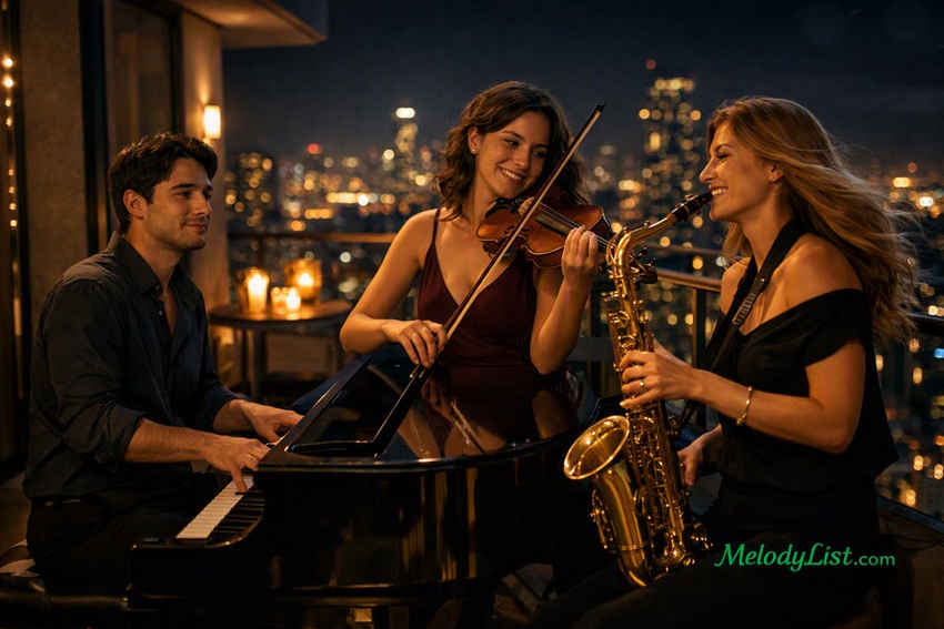 Three musicians playing piano, violin, and saxophone on a modern apartment balcony at night, overlooking a glowing city skyline with warm lights and gentle breeze, MelodyList.com logo in emerald green