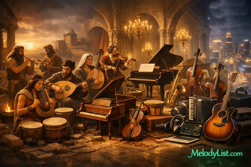 A panoramic 3D cinematic visualization showing the evolution of musical instruments from ancient drums and flutes to modern guitars and saxophones, flowing through historical eras with realistic musicians, detailed instruments, and emerald‑green MelodyList.com logo glowing elegantly in the lower right corner.