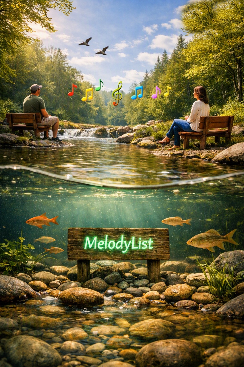 A peaceful split‑view 3D cinematic nature scene showing a clear river flowing through a lush green forest. Above the water, a man and a woman sit on separate wooden benches on opposite banks, watching the river under a bright sky with colorful musical notes floating among birds. Below the water, small fish swim around smooth stones and aquatic plants near a glowing emerald‑green wooden sign that reads “MelodyList