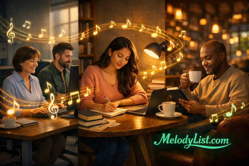 3D cinematic image showing music notes flowing through office, study desk, and coffee shop with glowing emerald MelodyList.com logo.