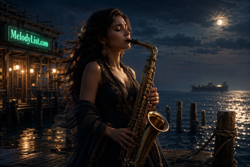 3D scene for MelodyList.com showing a saxophone player standing alone on an old seaside pier at dusk, performing toward the horizon beside a calm dark sea. A flowing elegant evening dress moves gently in the ocean breeze while harbor lights reflect across the water. Soft moonlight highlights the detailed saxophone and the musician's face. A distant ship silhouette appears on the horizon, creating a nostalgic maritime atmosphere. The MelodyList.com logo glows in emerald green as a premium illuminated harbor sign integrated into the environment. Highly realistic rendering with volumetric lighting, sea reflections, shallow depth of field, and emotional storytelling