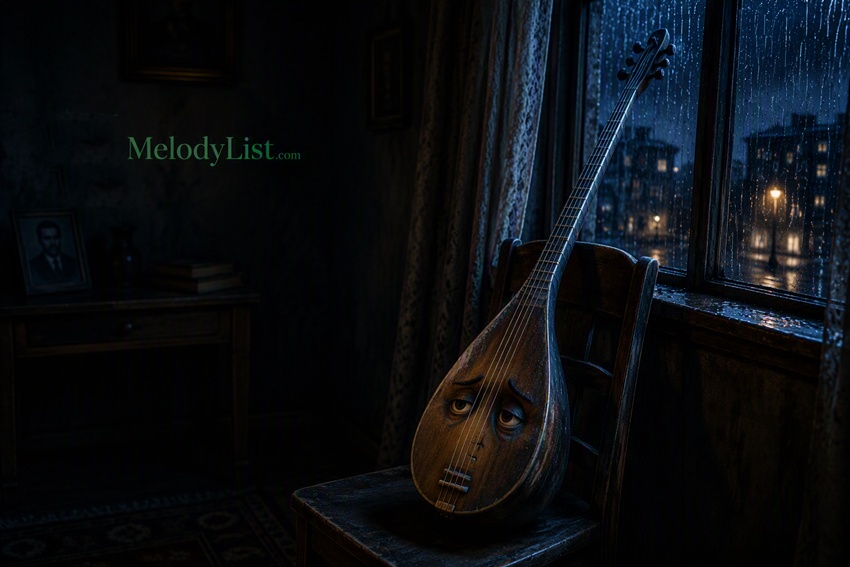 At night inside an old Turkish home, a sad saz rests on a wooden chair. Moonlight softly illuminates its polished wooden body and long neck, while faint tears glisten on its face. Through the window, the city lights shimmer in the distance. A warm lantern glows nearby, and the emerald green MelodyList.com logo appears subtly in the corner.